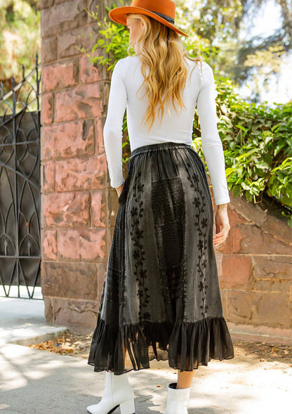 Young Threads - Women Patchwork Embroidered Maxi Skirt With Side Pockets