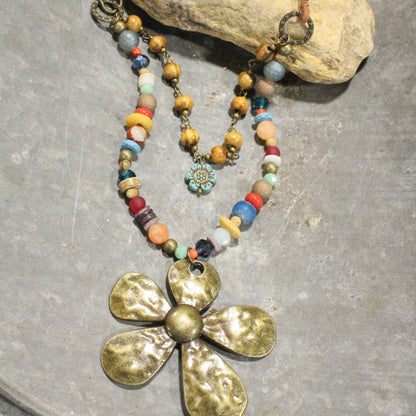 The Primitive Peddler, Inc. - Fun In the Sun Flower Layered Leather Necklace