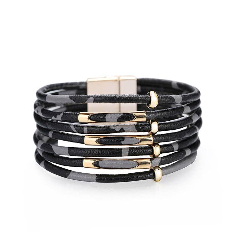 Mio Queena - Magnetic Buckle Leopard-Print Multilayer Beaded Bangle