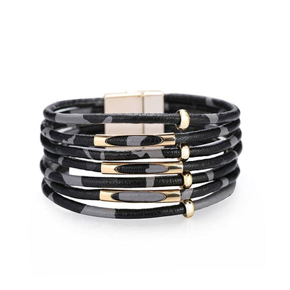 Mio Queena - Magnetic Buckle Leopard-Print Multilayer Beaded Bangle