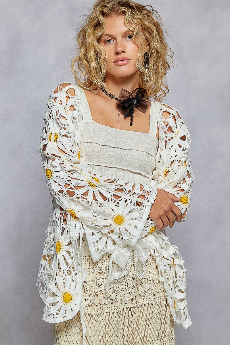 Pol Clothing - Long sleeve V neck crochet knit open cardigan