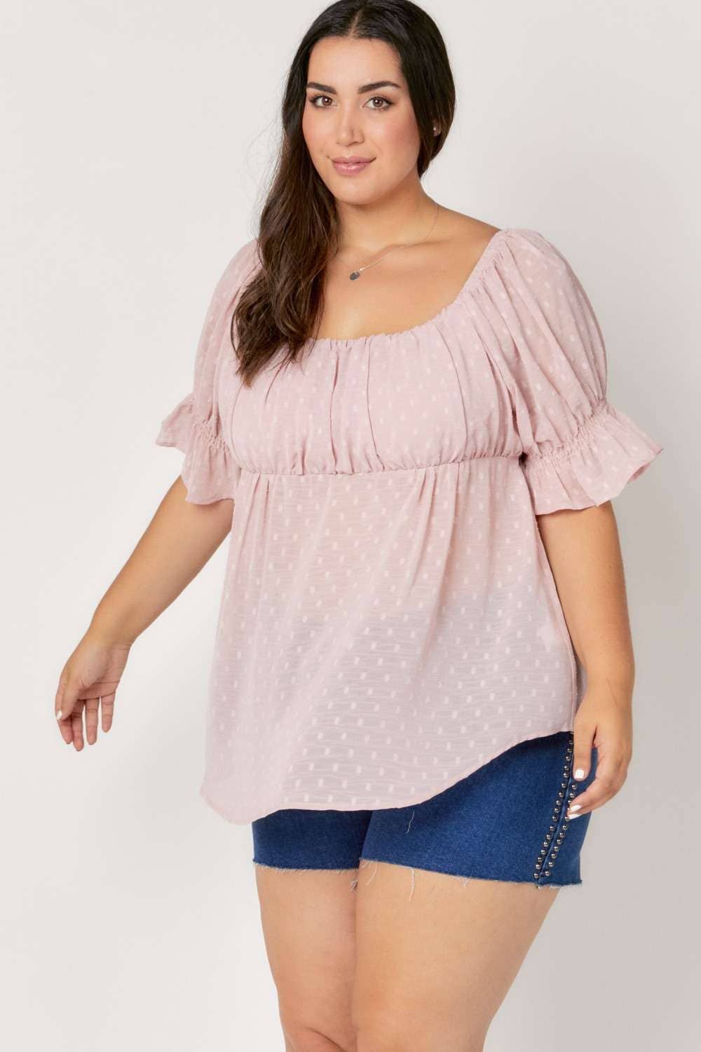 Davi &amp; Dani - POLKA DOT SMOCKED RUFFLE SHORT PUFF SLEEVE TOP: PLUS