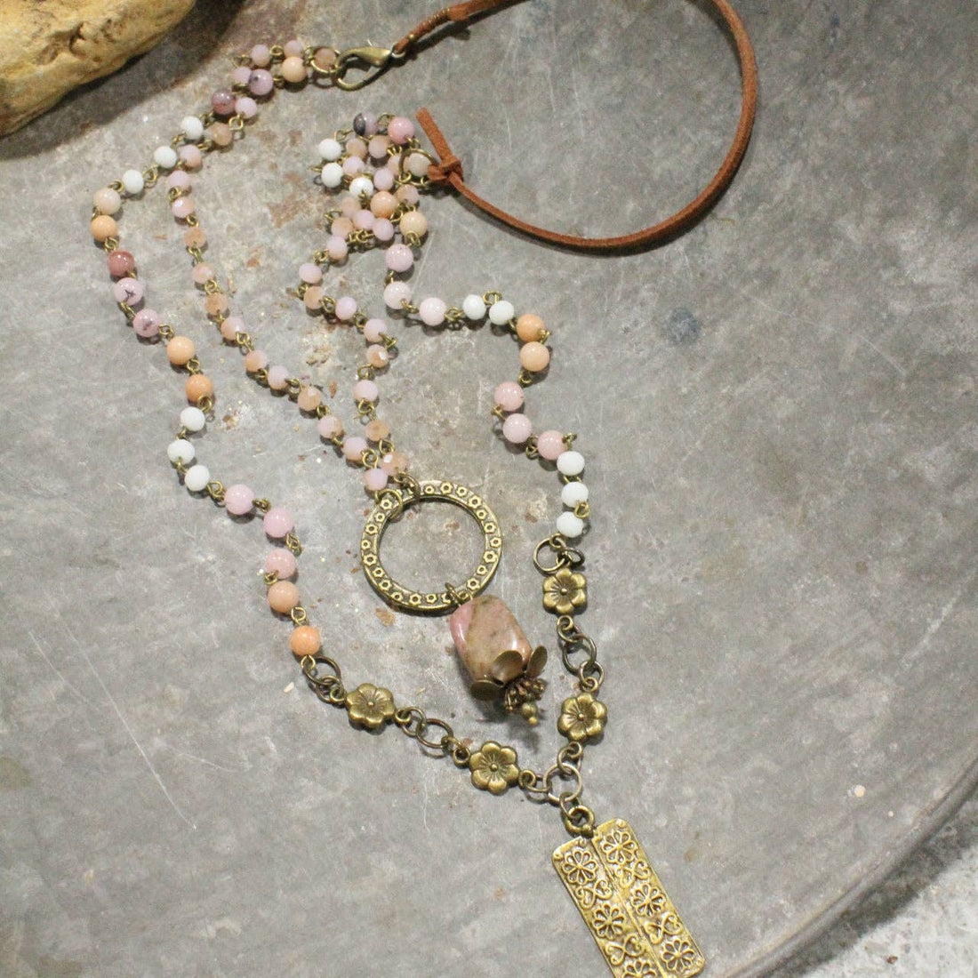 The Primitive Peddler, Inc. - Double Layered Blush &amp; Flower Pendant Necklace