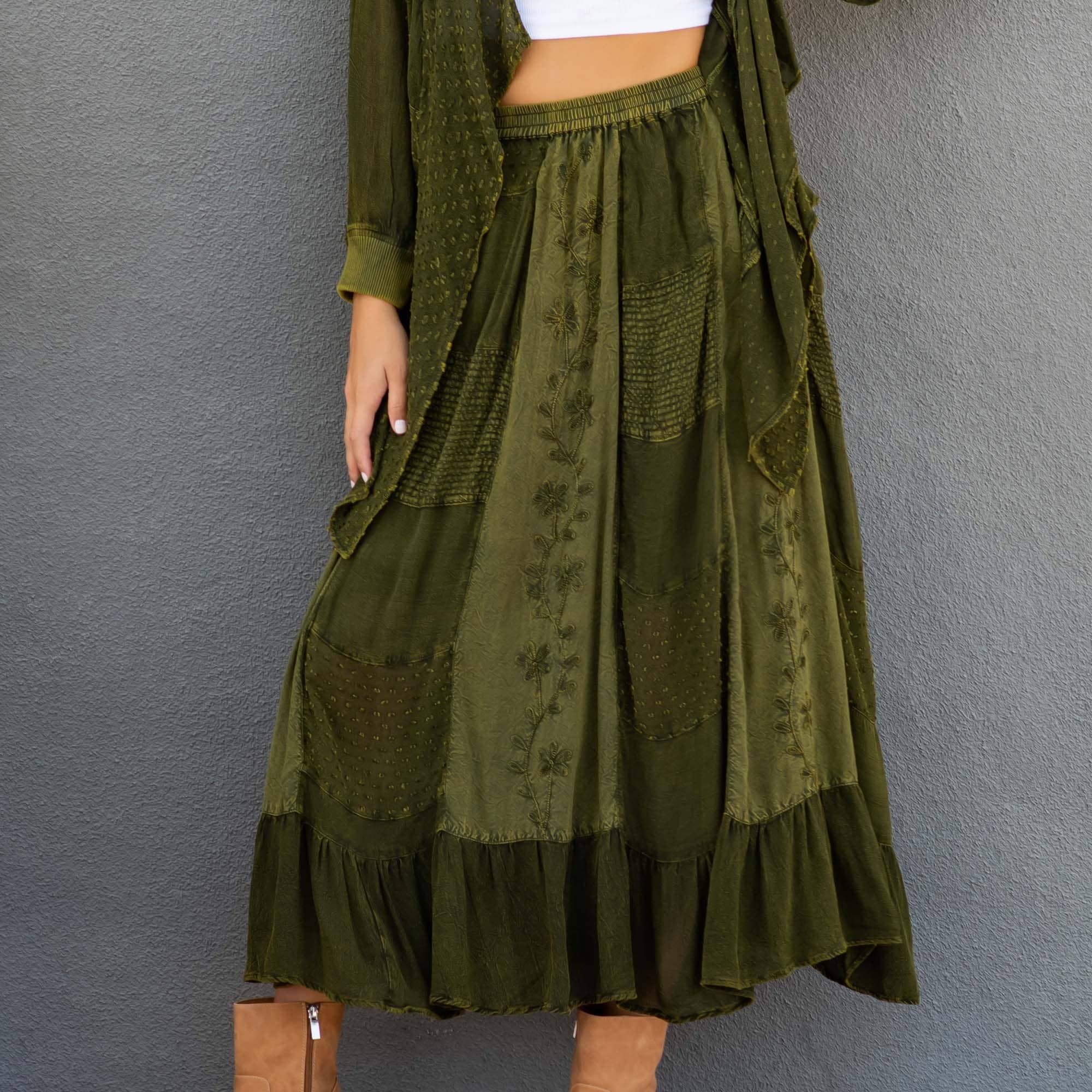 Young Threads - Women Patchwork Embroidered Maxi Skirt With Side Pockets