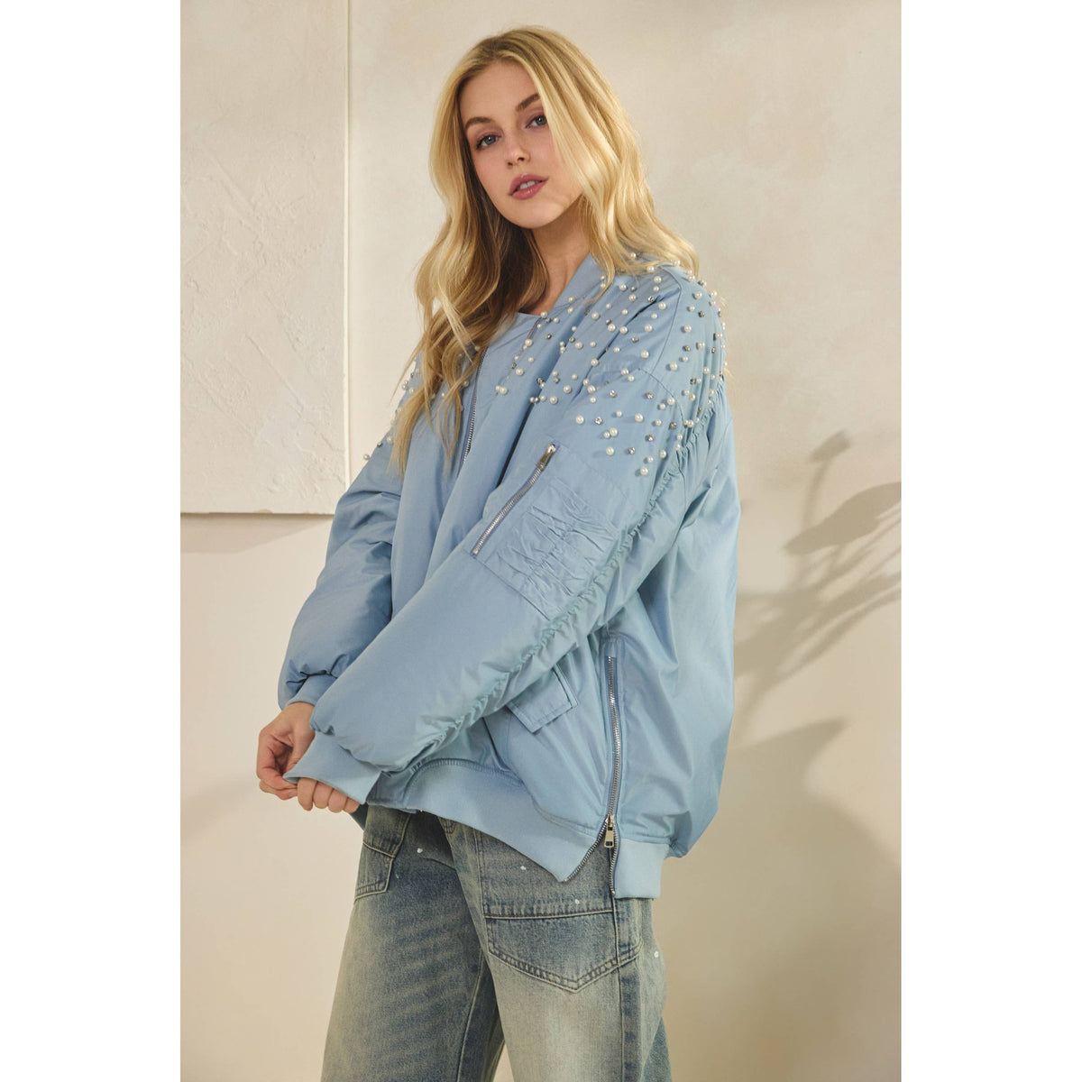 Veveret - Rhinestone Oversize Bomber Jacket
