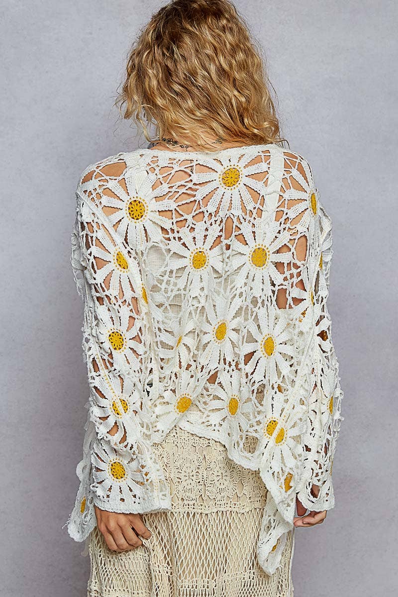 Pol Clothing - Long sleeve V neck crochet knit open cardigan