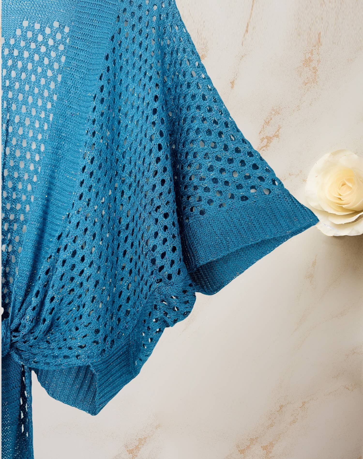 JC Sunny Fashion - Eyelet Open-Knit Metallic Cardigan with Front Tie