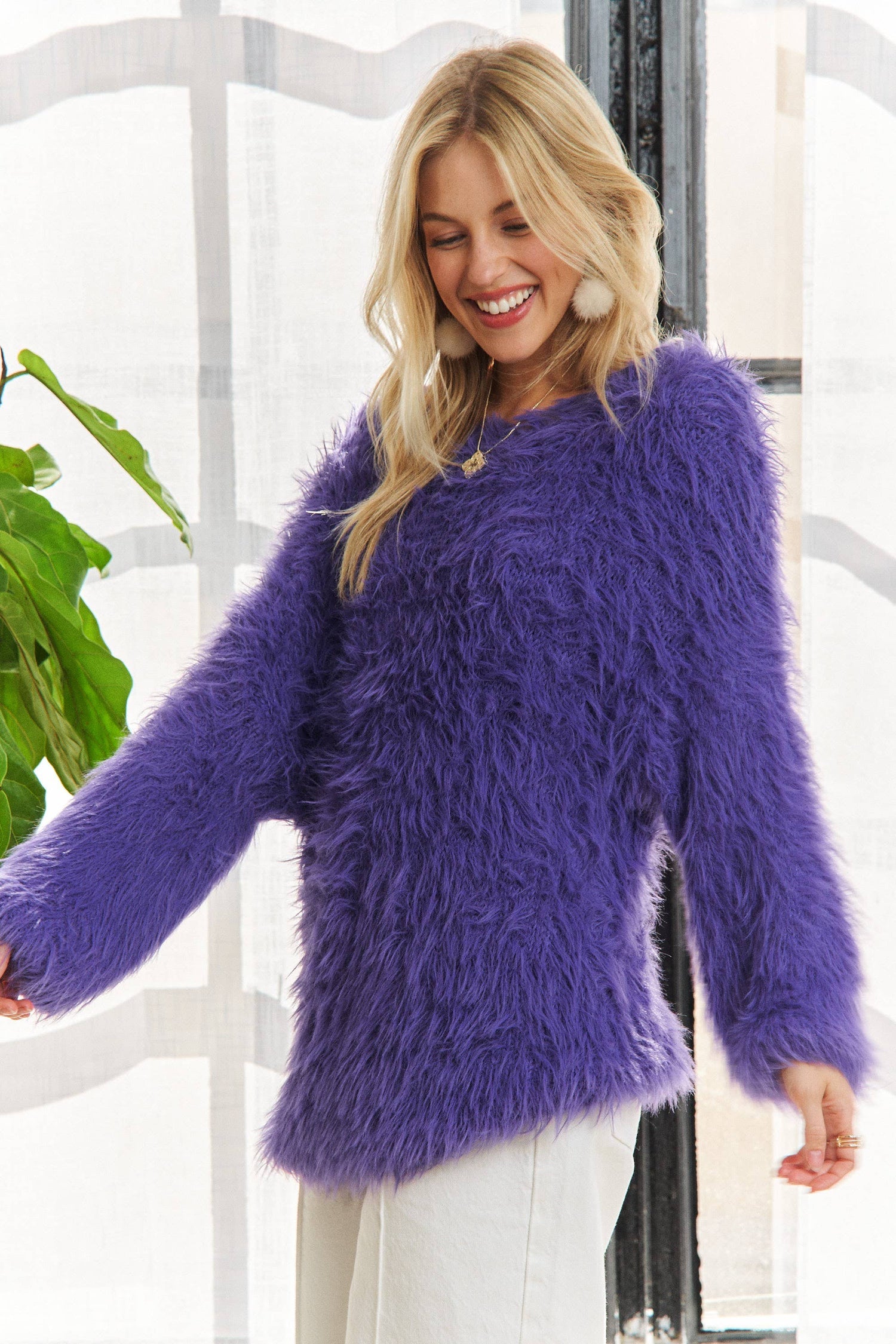 ADORA LA -  BOAT NECK SOFT FUZZY SWEATER TOP