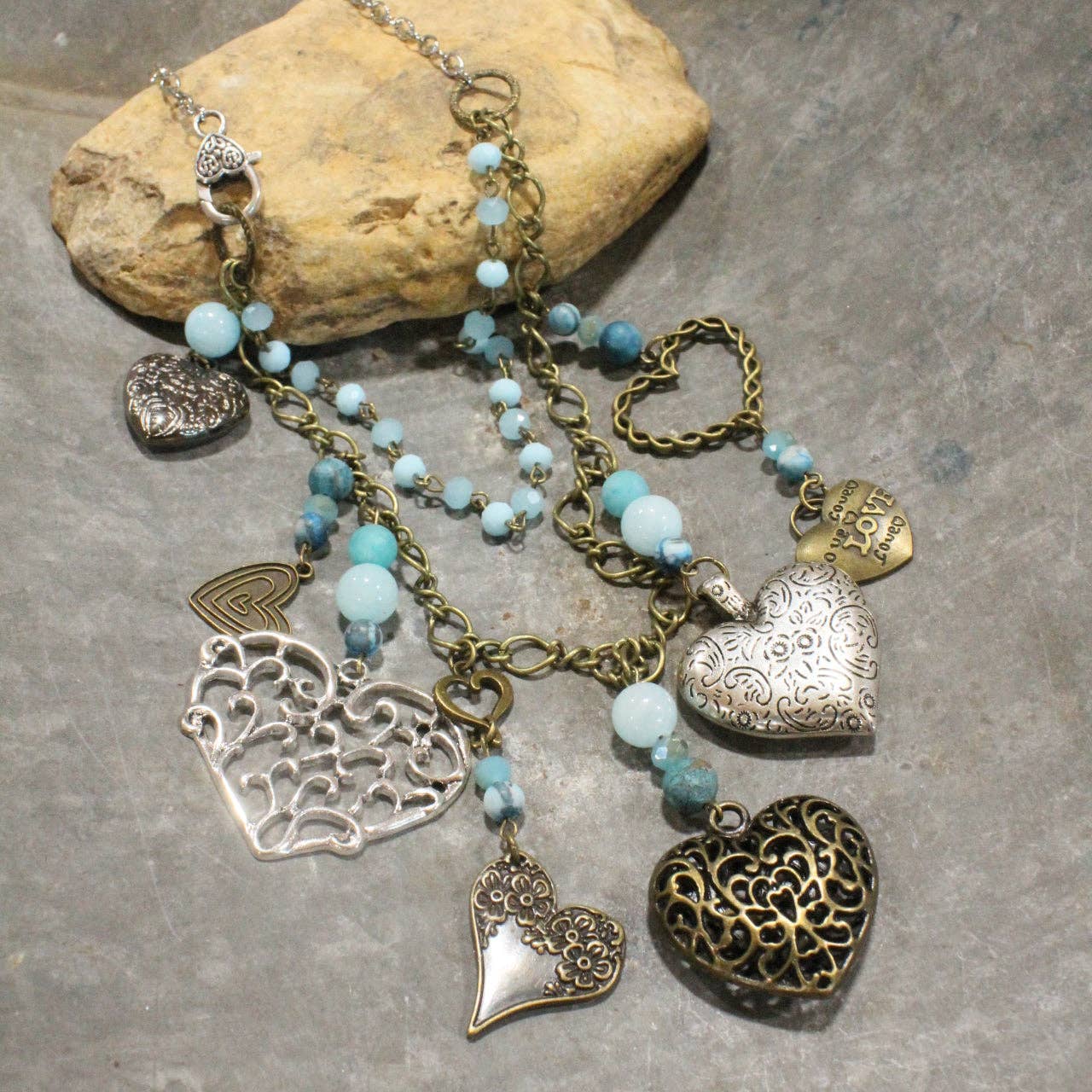 The Primitive Peddler, Inc. - Loads Of Love Czech Heart &amp; Mixed Metal Charmers Necklace