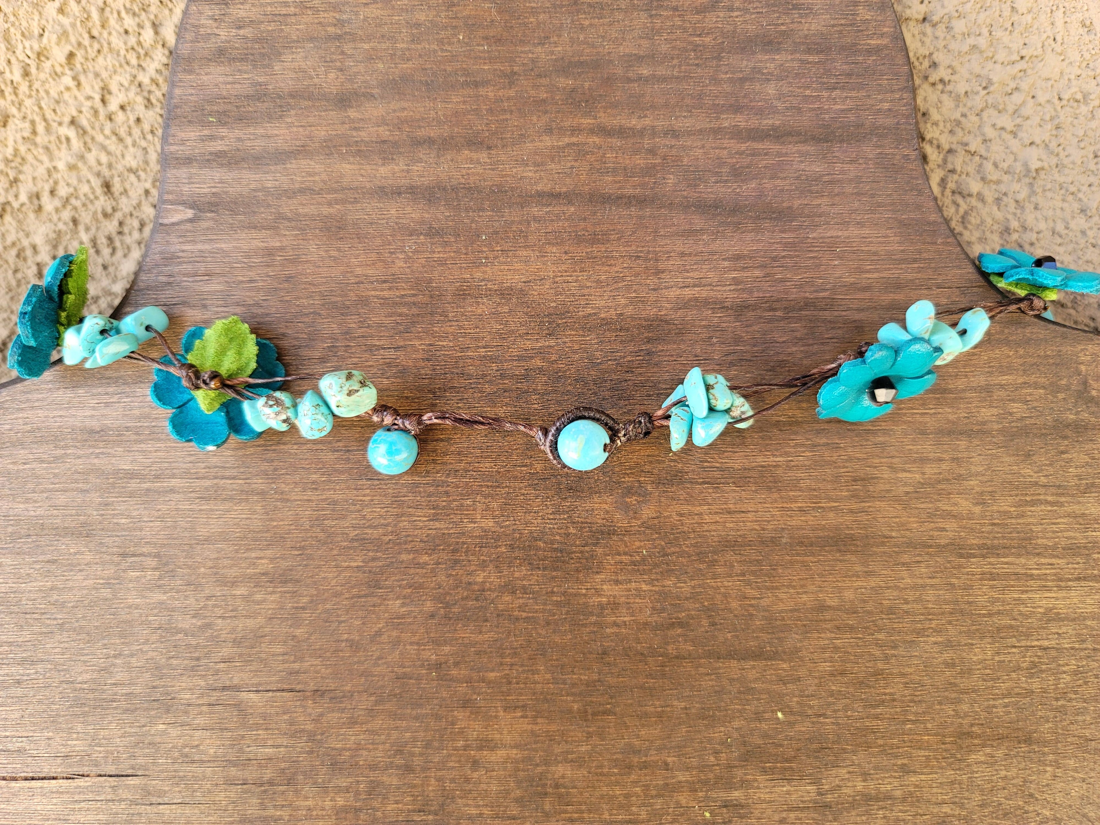  - Leather flower necklace with crystal stone choker