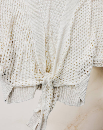JC Sunny Fashion - Eyelet Open-Knit Metallic Cardigan with Front Tie