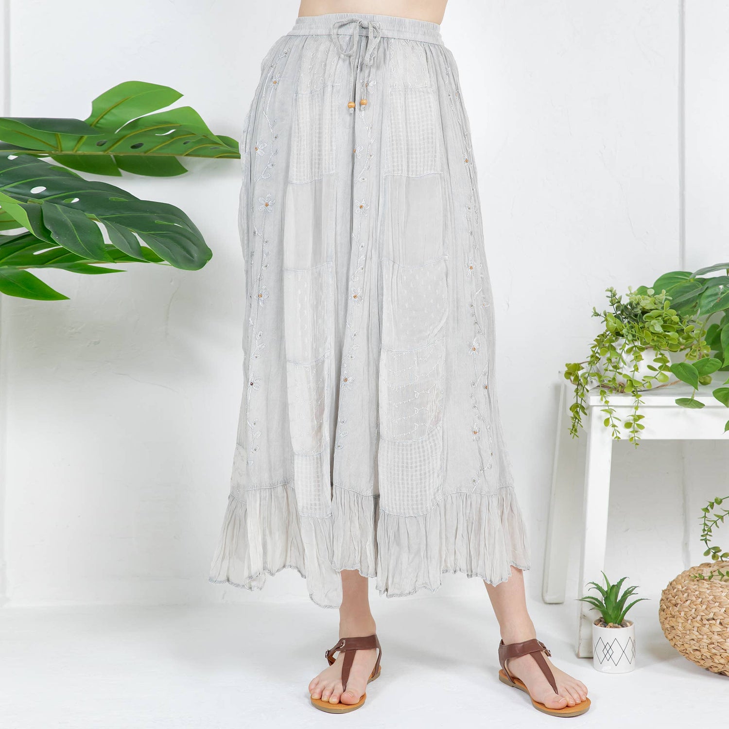 Young Threads - Women Patchwork Embroidered Maxi Skirt With Side Pockets