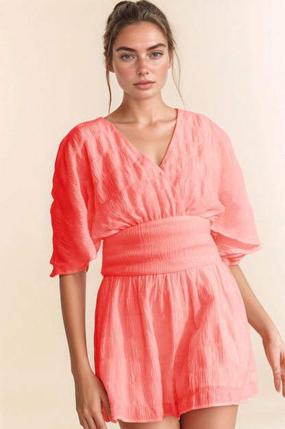 Davi &amp; Dani - BATWING SLEEVES SNAPE BUTTON UP WAISTBELT ROMPER