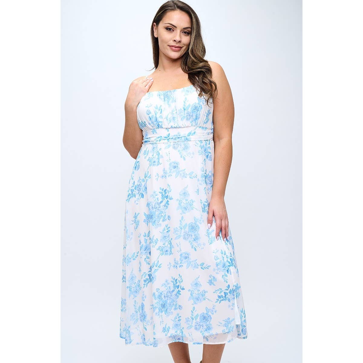 Curve Market - PLUS SIZE FLORAL SMOCKED BACK SIDE SLIT MIDI DRESS