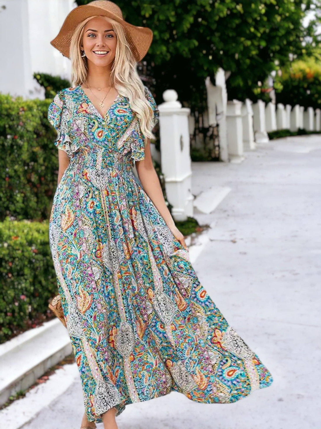 Anna Kaci Wholesale - Summer V-Neck Floral Chiffon Ruffle Sleeve Dress