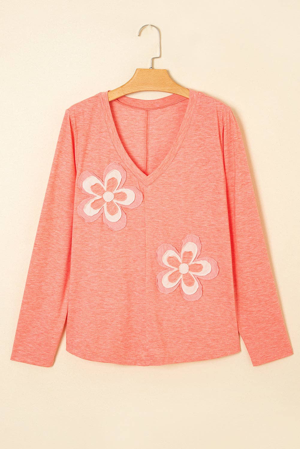 Lovesoft - Fresh Salmon Floral Patchwork V Neck Long Sleeve T Shirt
