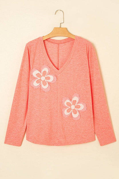 Lovesoft - Fresh Salmon Floral Patchwork V Neck Long Sleeve T Shirt