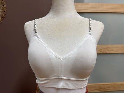 Strap-it’s- White plunge bra with silver chain strap