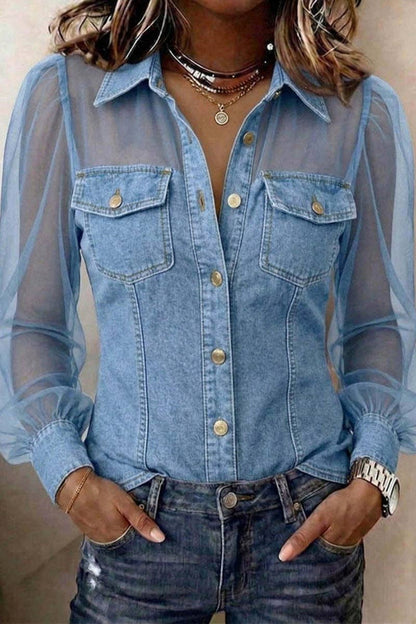 Mccolin - Sheer Sleeve Button-Front Shirt