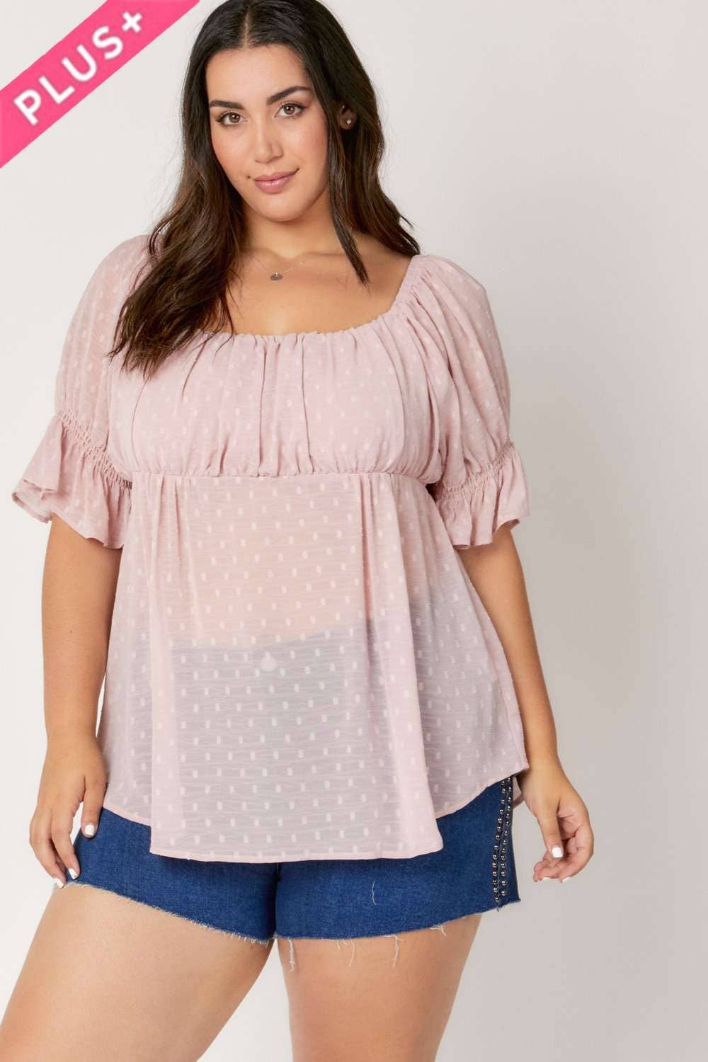 Davi &amp; Dani - POLKA DOT SMOCKED RUFFLE SHORT PUFF SLEEVE TOP: PLUS