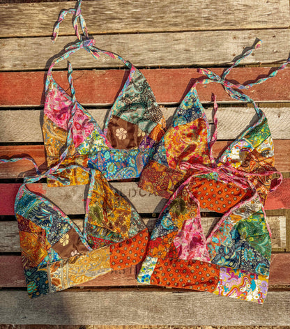 Beachy Boho Hippie Recycled Patchwork Silk Bralette, Bra Top