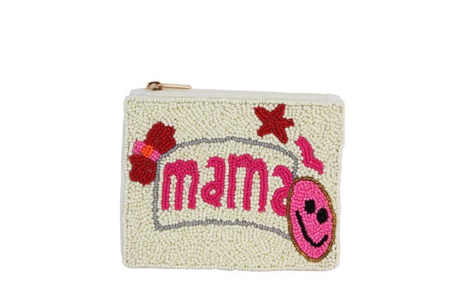 Nima Accessories Inc - Ladies Fully Beaded White MAMA Theme Coin Purse
