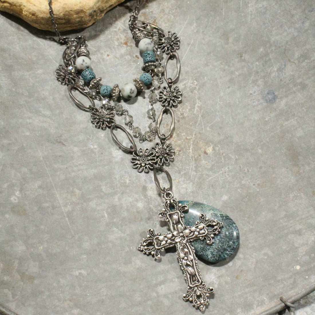 The Primitive Peddler, Inc. - Gunmetal &amp; Jade Stone Cross Layered Necklace