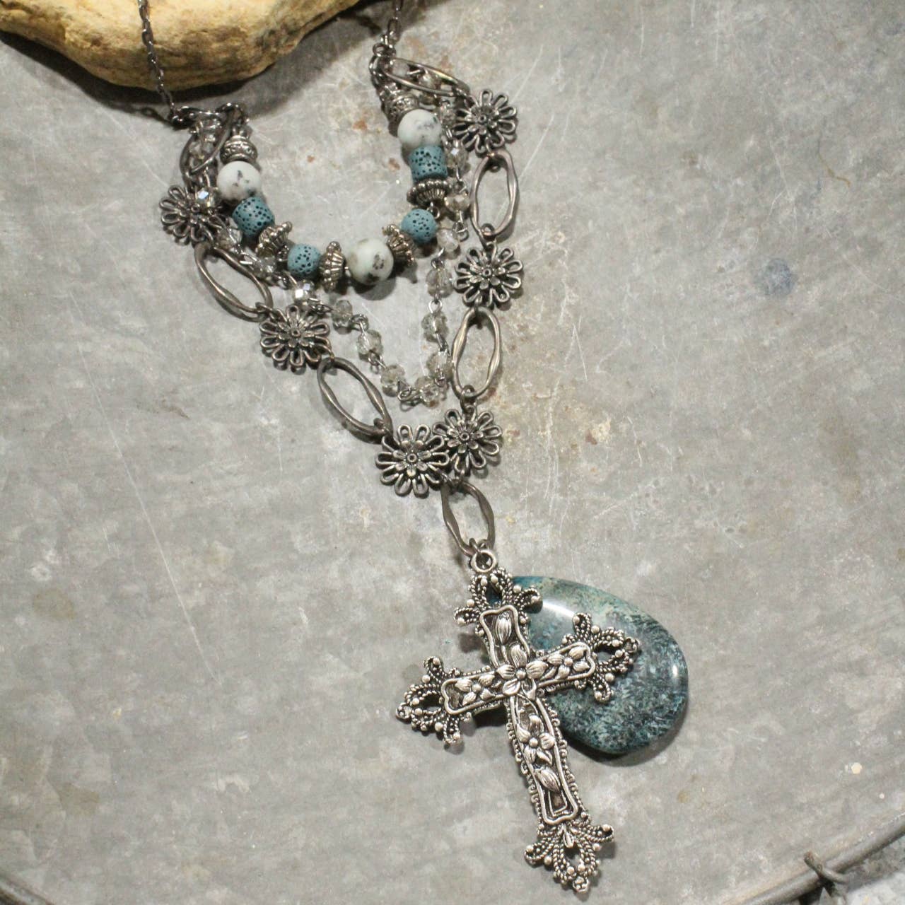 The Primitive Peddler, Inc. - Gunmetal &amp; Jade Stone Cross Layered Necklace