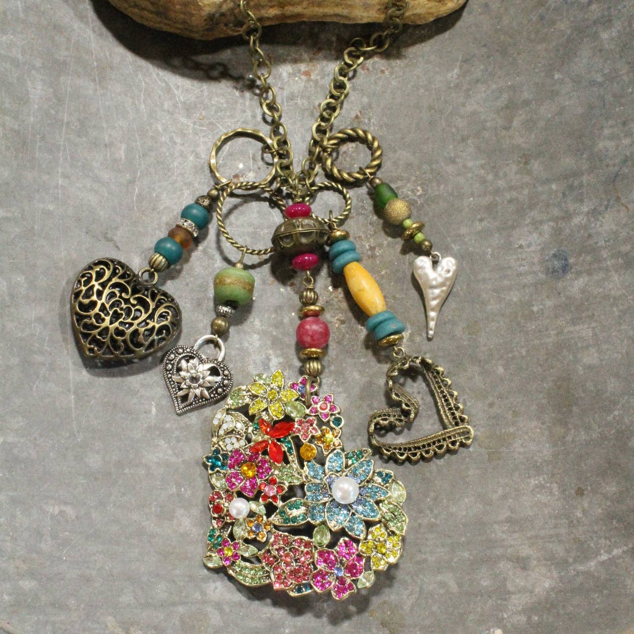  Whimsical Fun Mixed Metal Heart Charmers Necklace