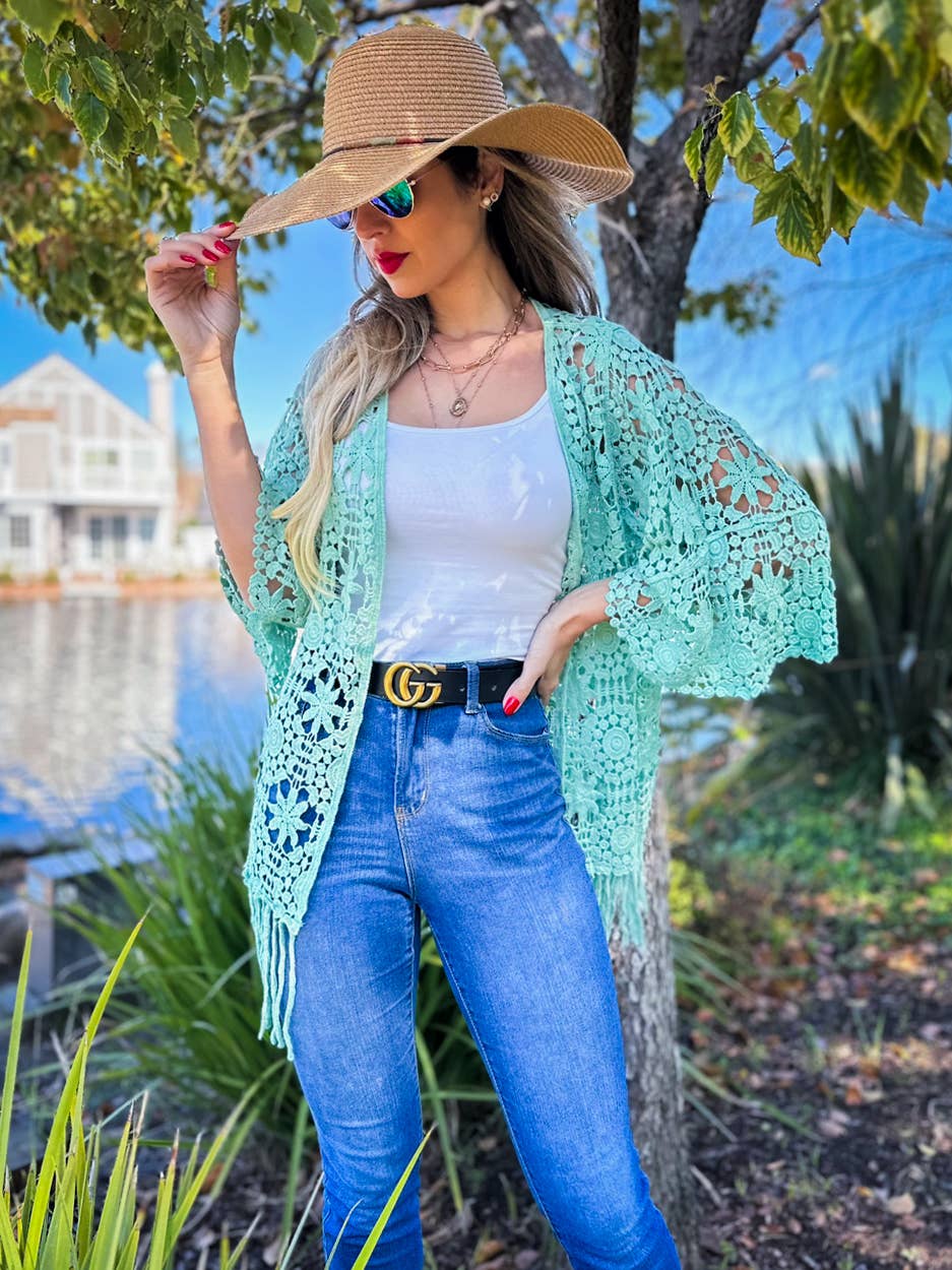 AMOLI - Sage Floral Crochet 3/4 Sleeve With Tassel Kimono