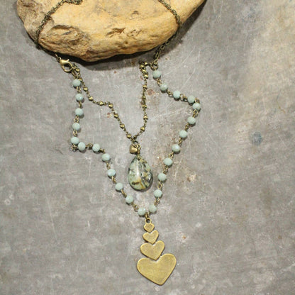 The Primitive Peddler, Inc. - Double Layered Stone &amp; Bronze Heart Drop Necklace