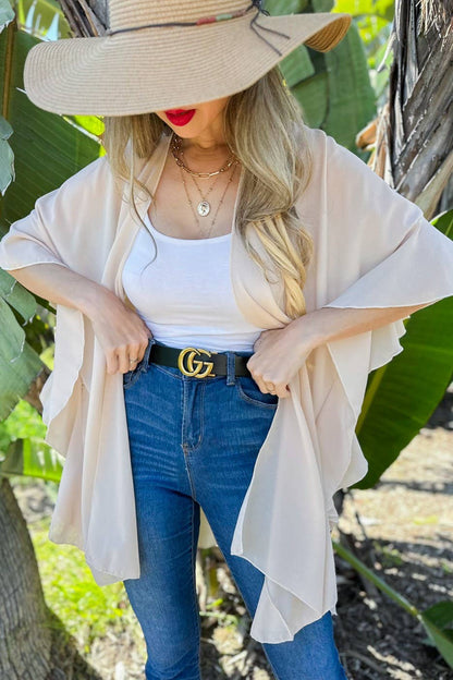 AMOLI - Beige Solid Chiffon Ruffled Sleeve Kimono Cover Up