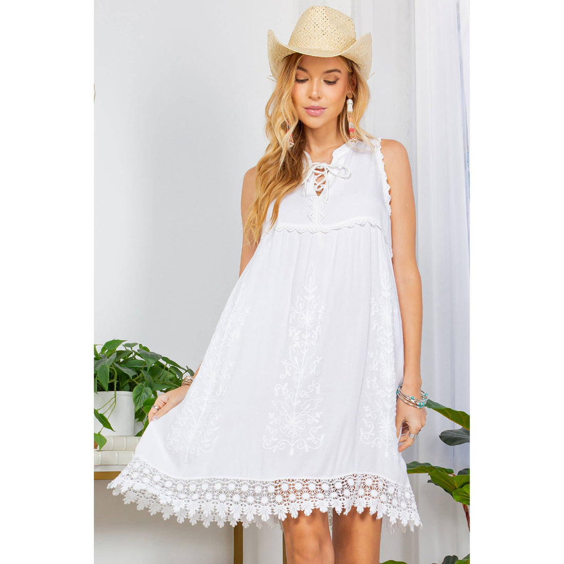 Young Threads - 70s Janis Joplin Babydoll Dress Sleeveless, V-Neck With Lace