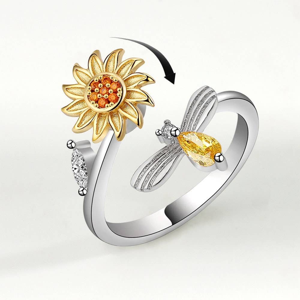 Sunflower Anxiety Fidget Spinner Ring in Sterling Silver
