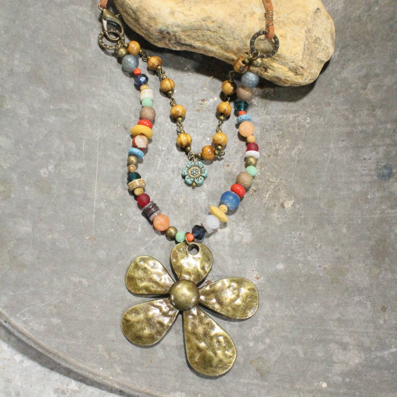 The Primitive Peddler, Inc. - Fun In the Sun Flower Layered Leather Necklace