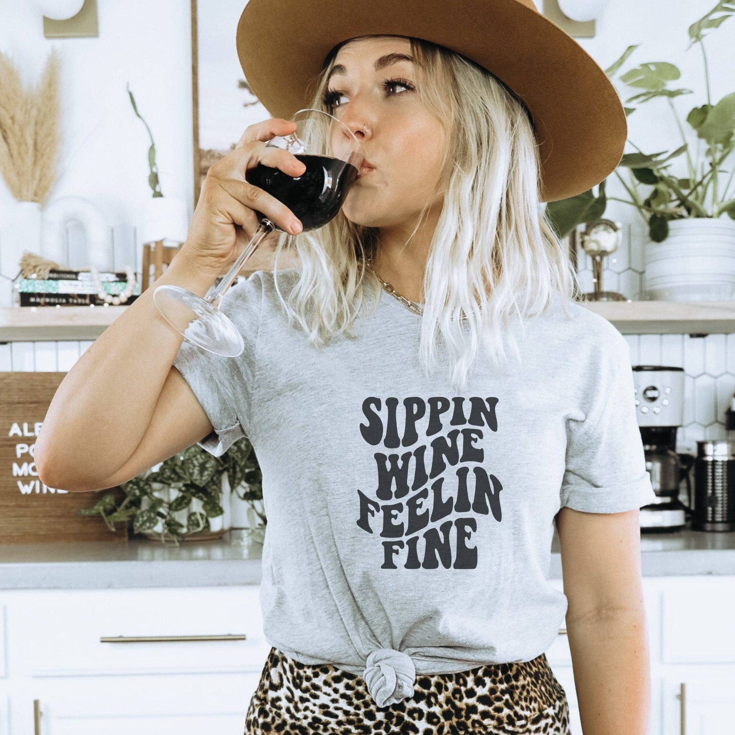 Trendznmore - Modern Graphic Apparel - Sippin Wine Feelin Fine Retro T-Shirt