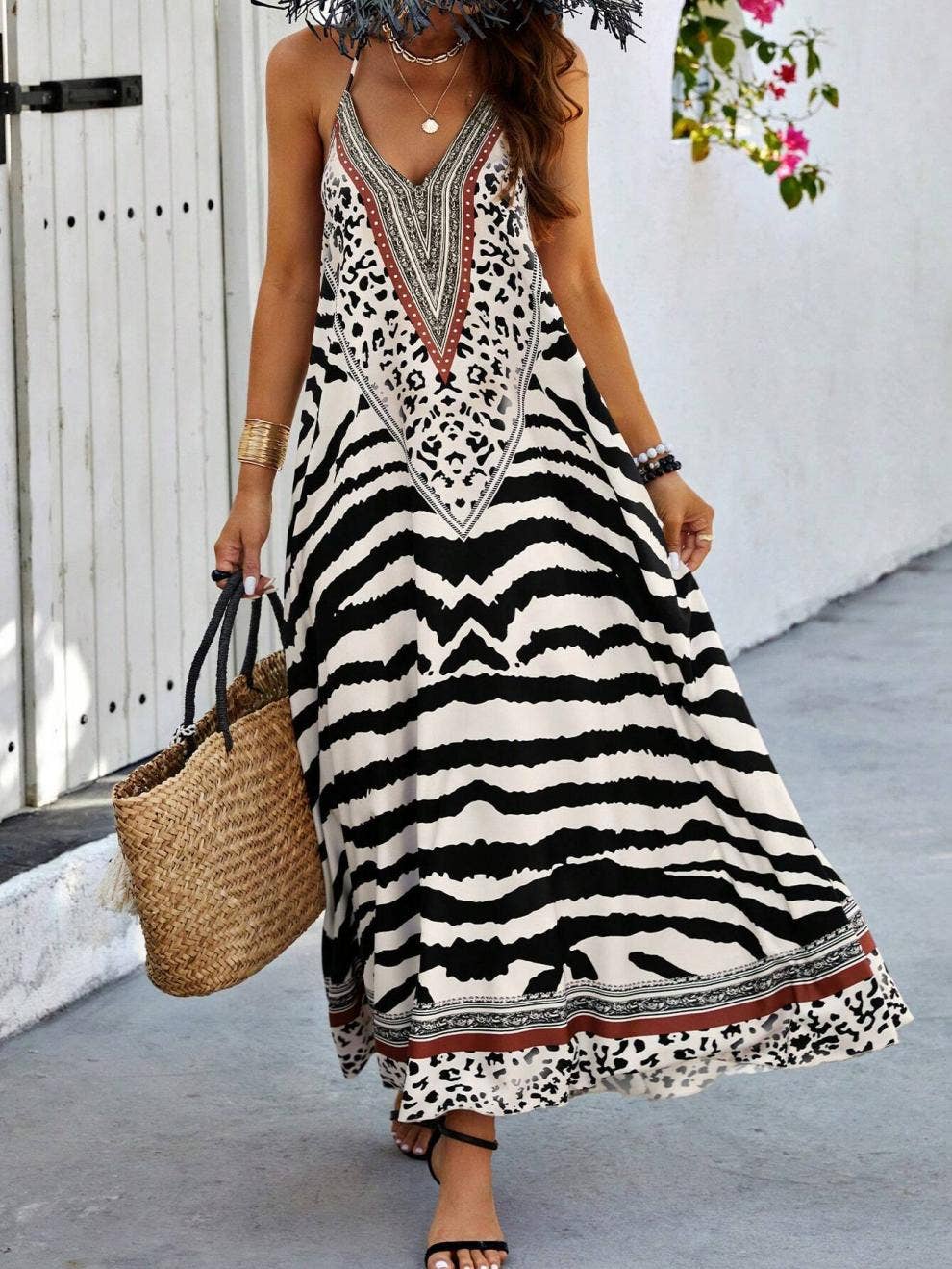 Anna Kaci Wholesale - V Neck Printed Spaghetti Strap A Line Maxi Dress