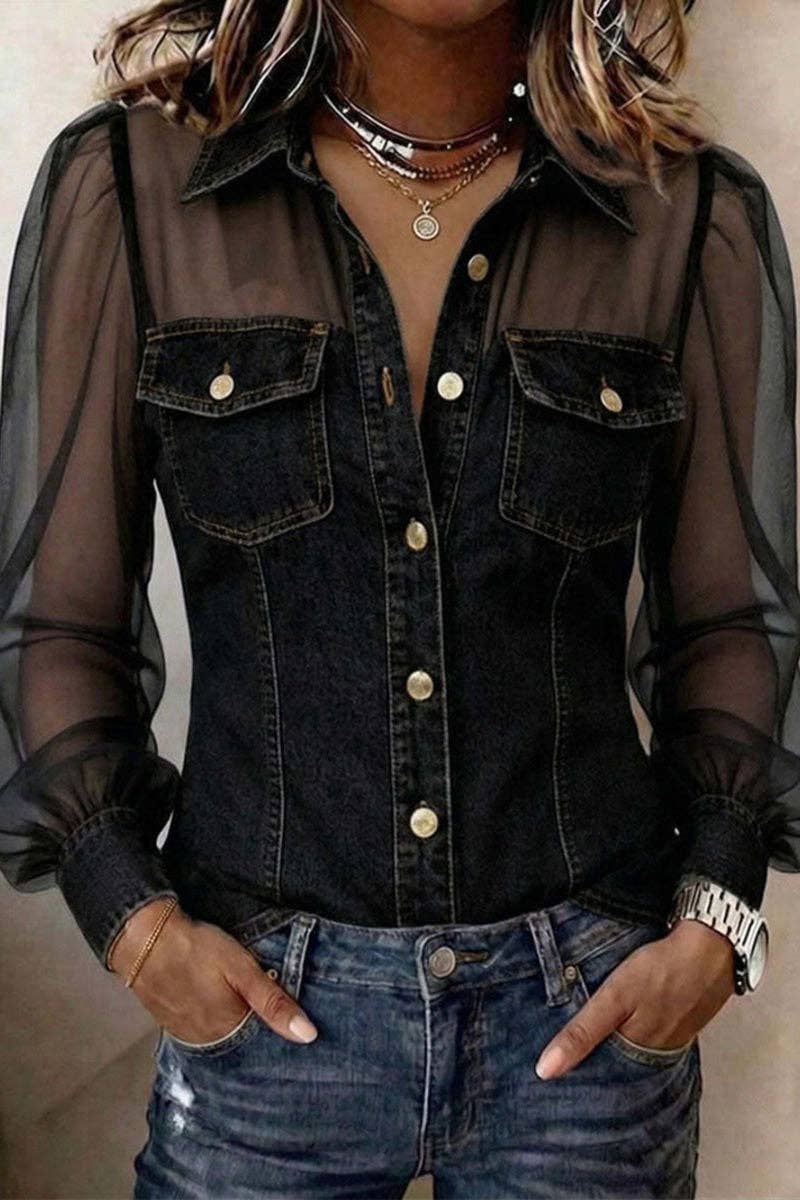 Mccolin - Sheer Sleeve Button-Front Shirt