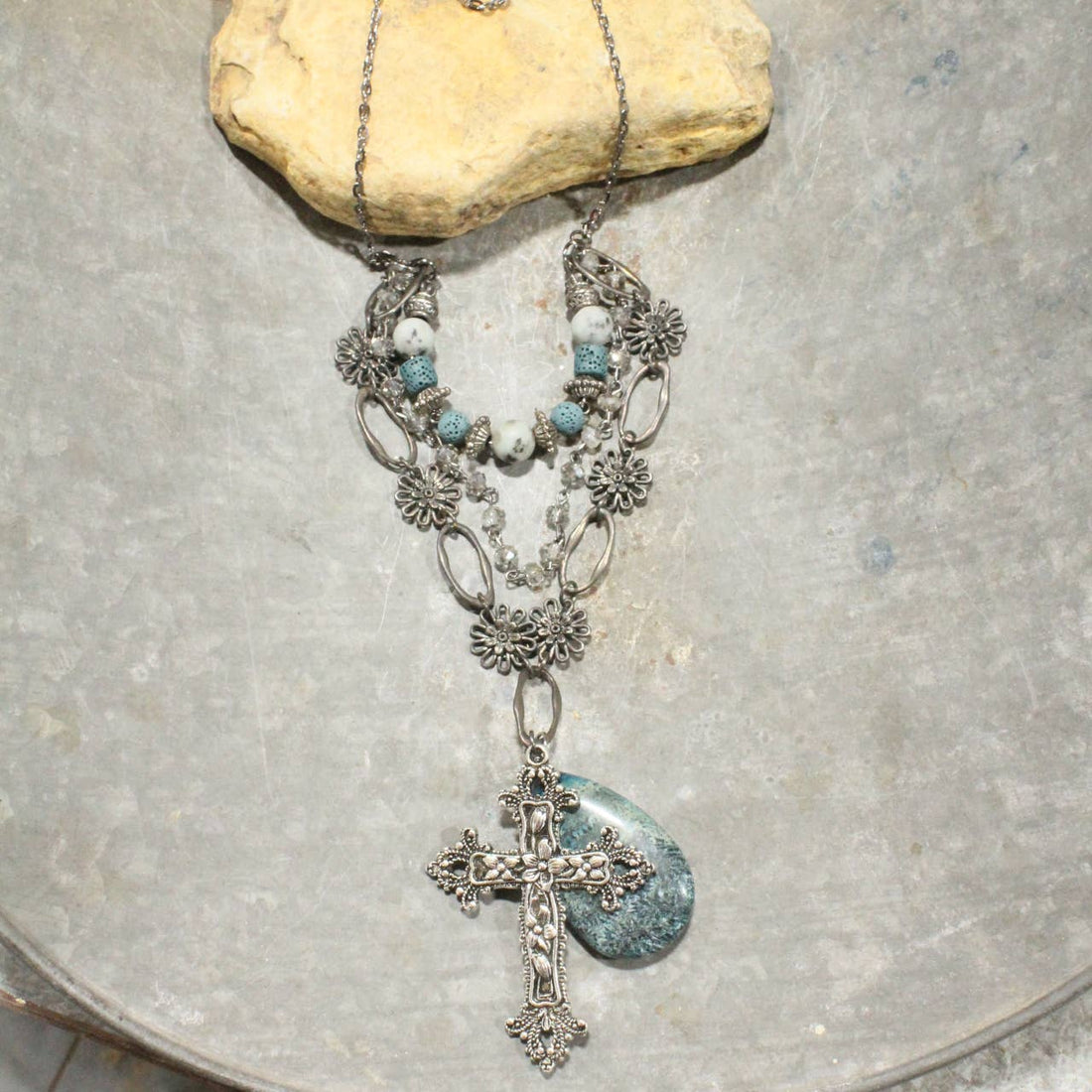 The Primitive Peddler, Inc. - Gunmetal &amp; Jade Stone Cross Layered Necklace