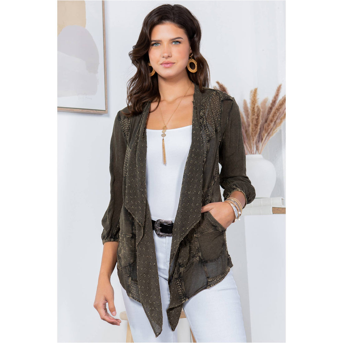 Young Threads - Bohemian Patchwork Cardigan, Western Shrug With Pockets - Gravel 
