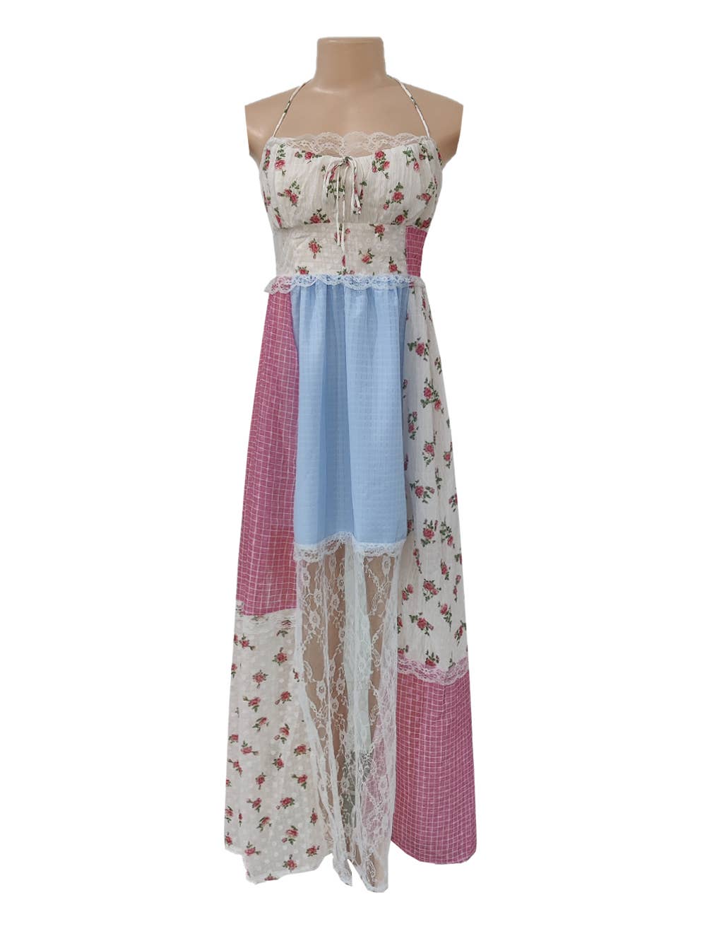 Floral sheer mesh lace patchwork halter maxi flare dress