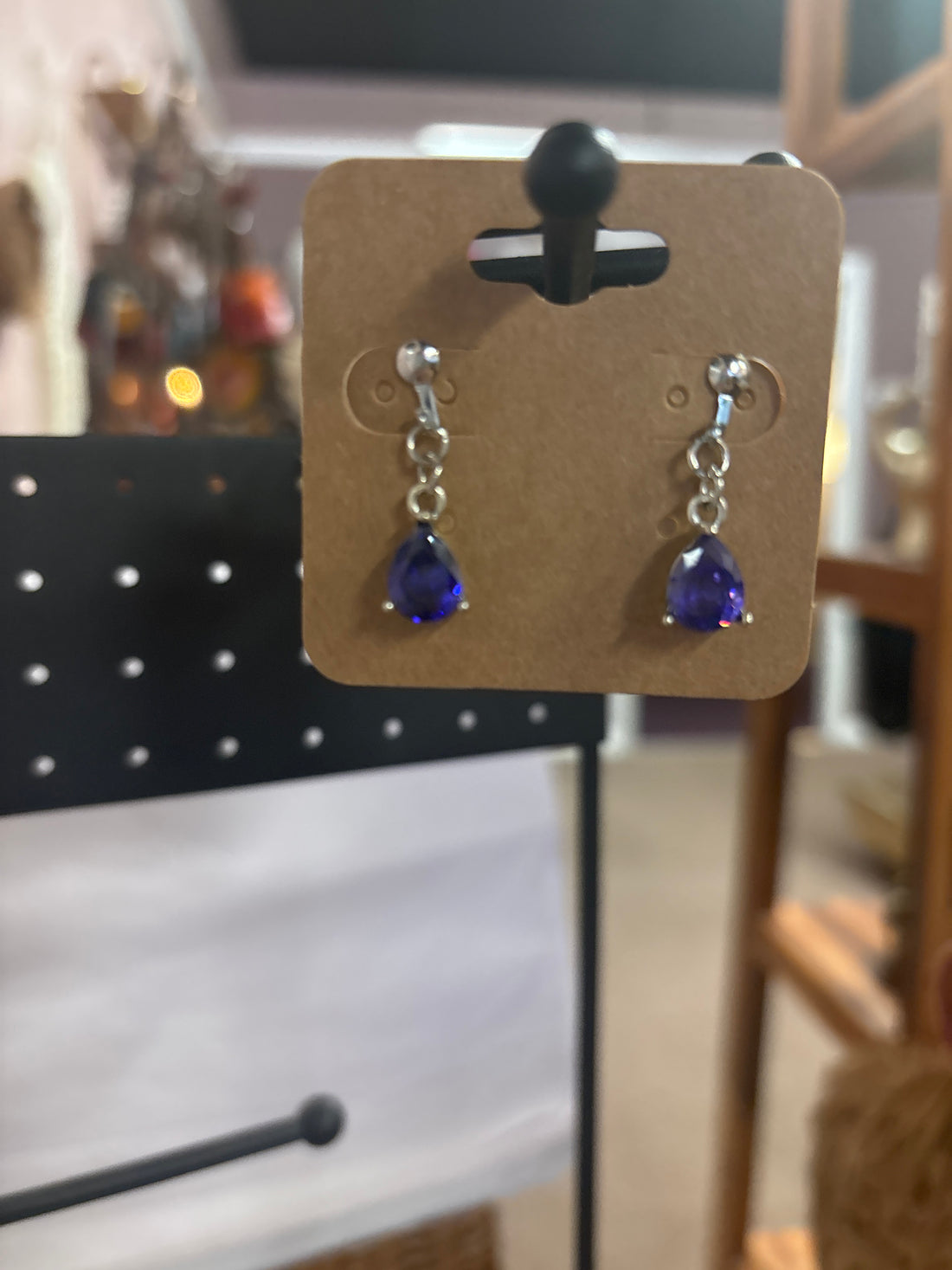OhHeyBec--Clip on dangle earrings with blue stone