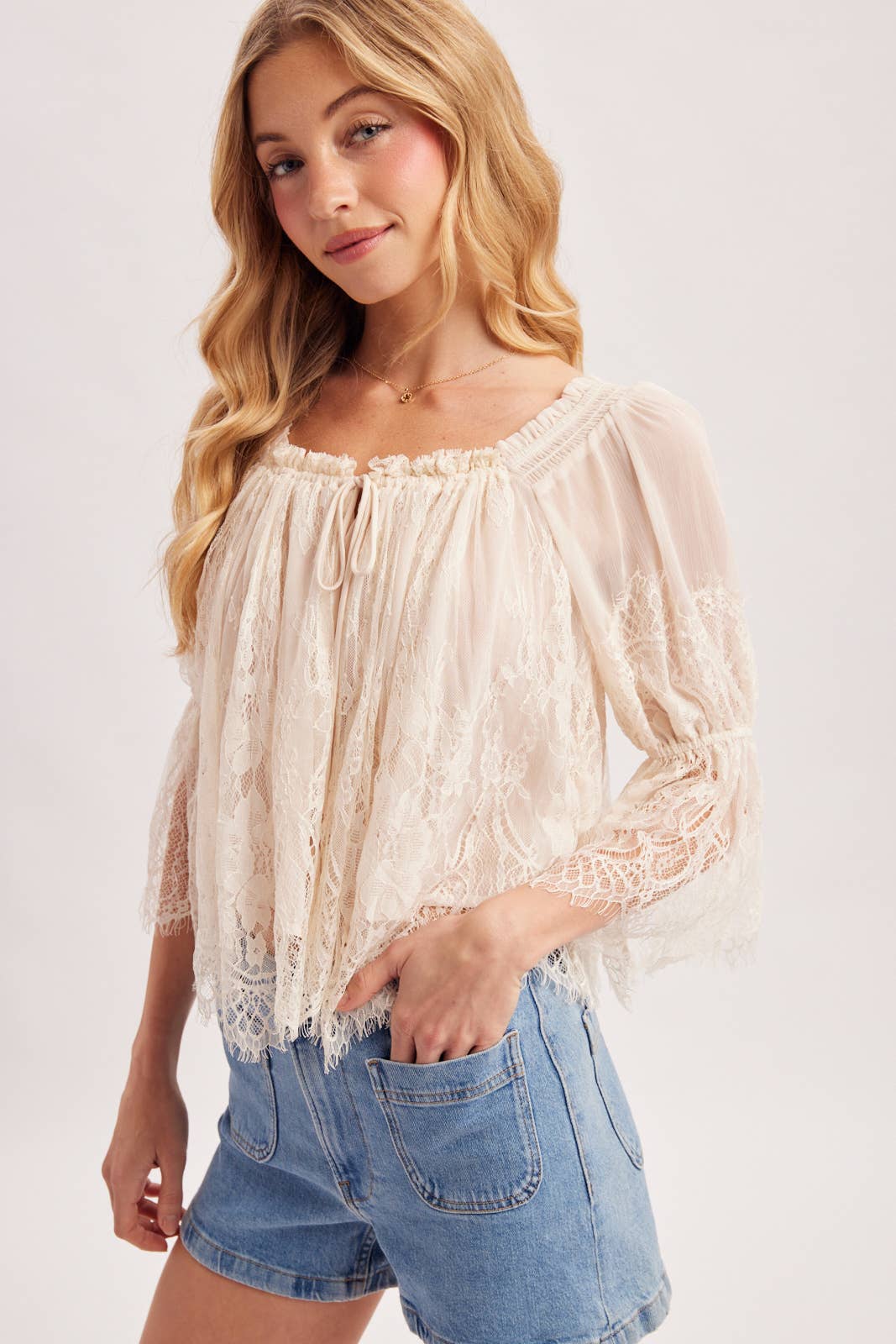 Bluivy - WIDE NECK RUFFLED EYELASH LACE BLOUSE - EASTER DAY