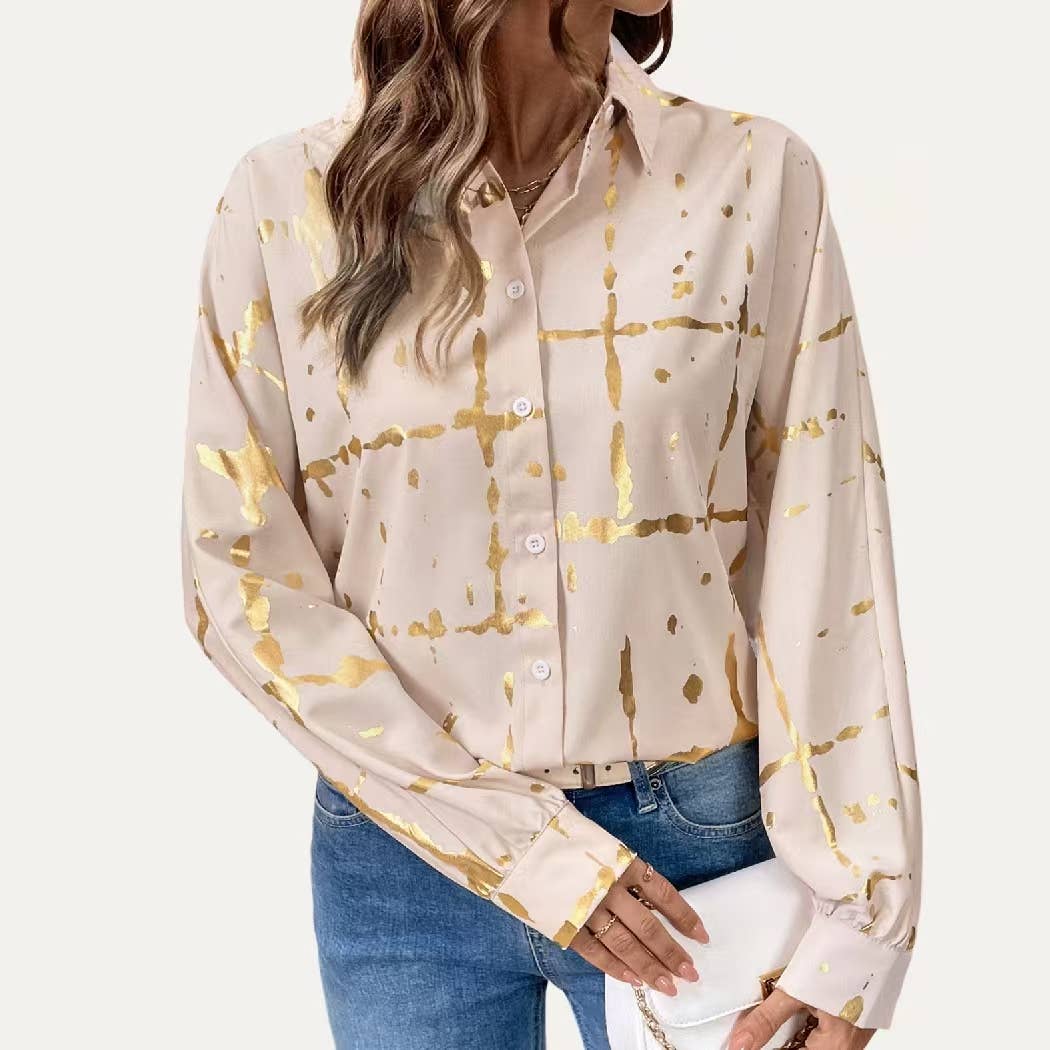 The Moment Collection - Light Khaki Metallic Gold Pattern Collared Butto-Up  Shirt