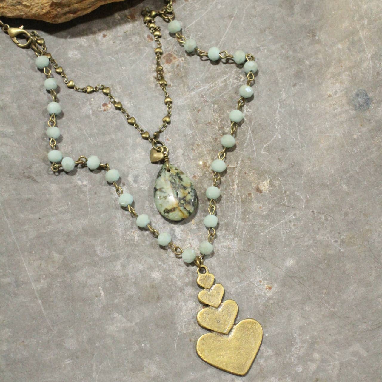 The Primitive Peddler, Inc. - Double Layered Stone &amp; Bronze Heart Drop Necklace