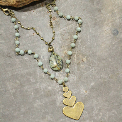 The Primitive Peddler, Inc. - Double Layered Stone &amp; Bronze Heart Drop Necklace