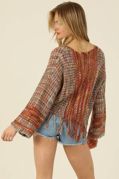 ANGIE - V NECK FRINGE HEM PULLOVER SWEATER