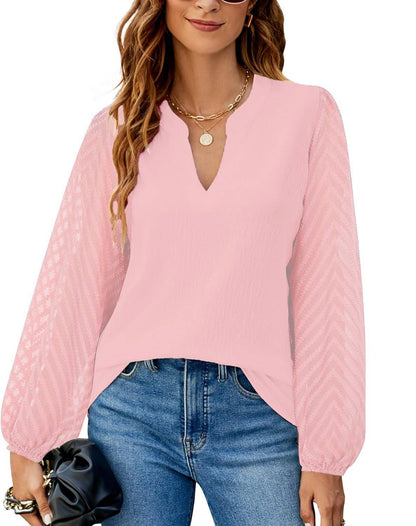 Lovesoft - Solid V Neck Chiffon Blouse Lace Puff Sleeve Top