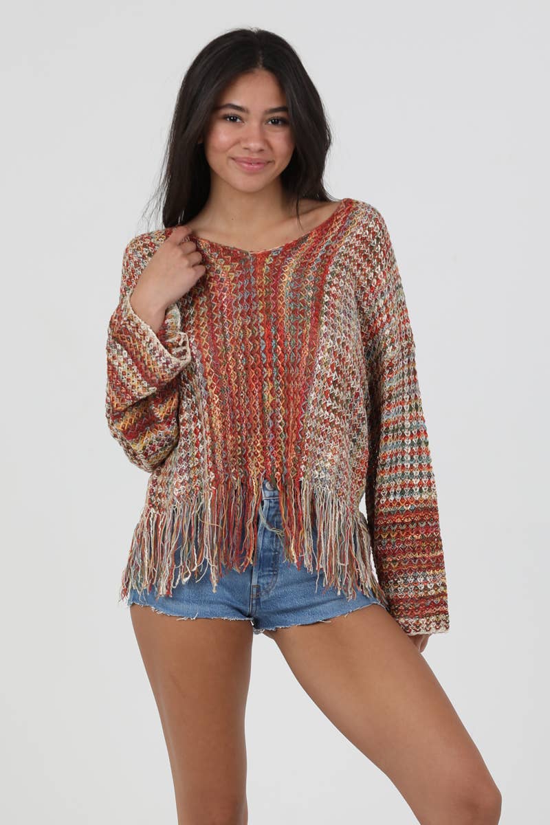 ANGIE - V NECK FRINGE HEM PULLOVER SWEATER