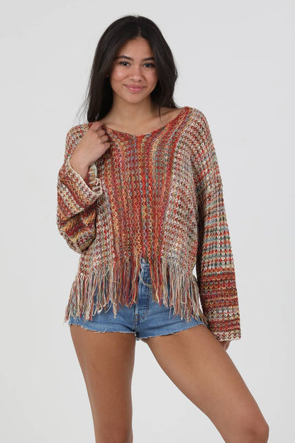 ANGIE - V NECK FRINGE HEM PULLOVER SWEATER